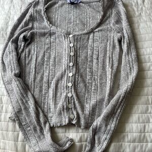 Gray Ribbed Button-Up Cardigan